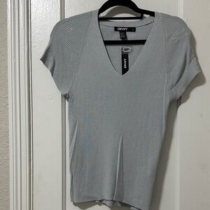 DKNY Light Gray Ribbed V-Neck Short Sleeve Top